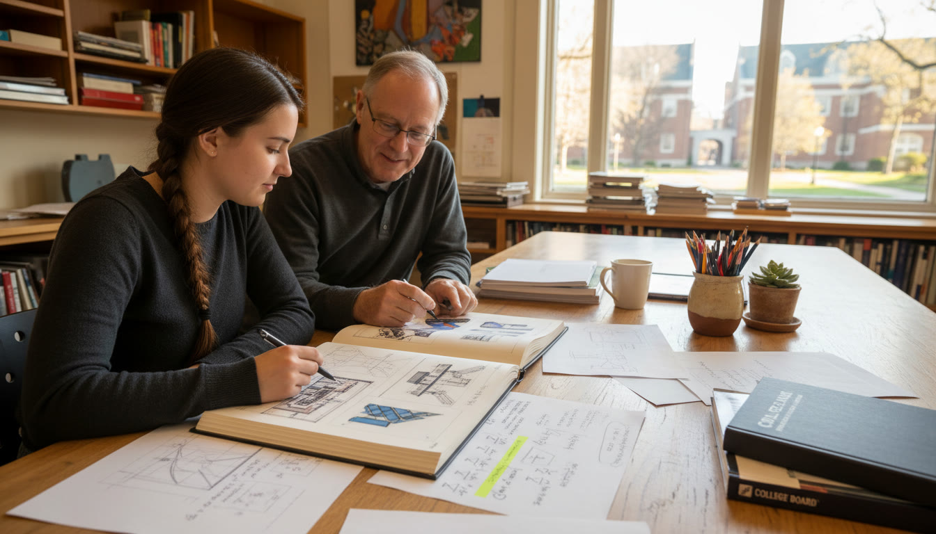 Photo Idea : A thoughtful, quiet scene of a student and a mentor reviewing a portfolio spread across a table, with AP study notes visible — this illustrates mentorship, critique, and the link between AP work and scholarship preparation.