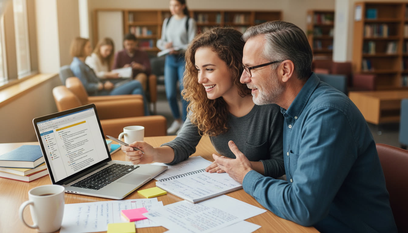 Photo Idea : Student and tutor reviewing essays side-by-side on a laptop with handwritten notes, illustrating collaborative feedback and targeted improvement.