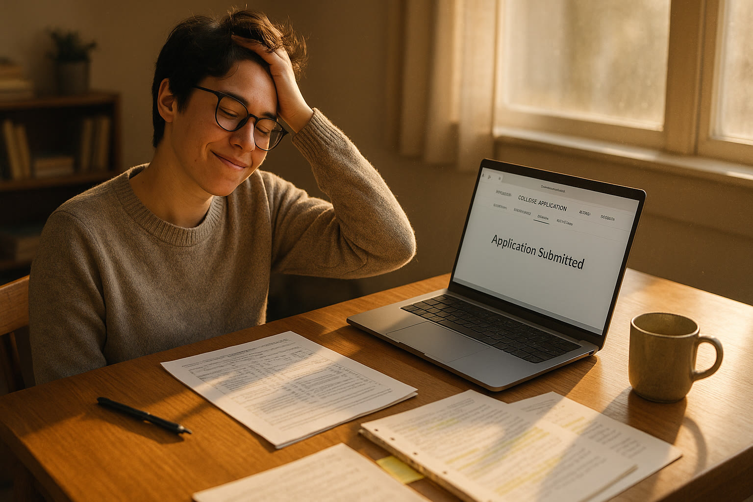 Photo Idea : A relieved student sitting at a desk with a laptop open to a college application portal, test booklet and notes beside them, sunlight coming through a window.