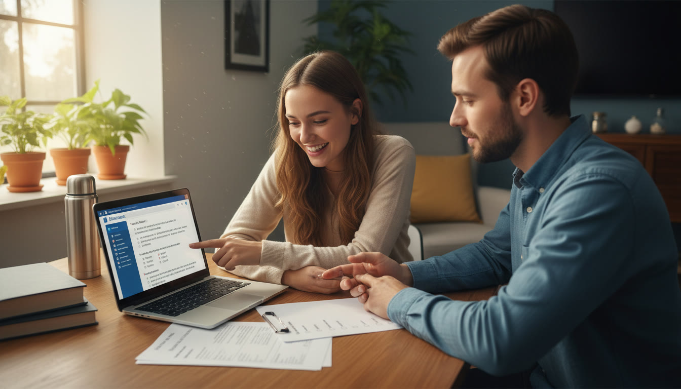 Photo Idea : A reassuring after-test scene: a student and a tutor reviewing a practice exam together in a sunlit corner, showing collaborative study, a laptop with practice Bluebook open, and a tidy checklist of exam-day items.