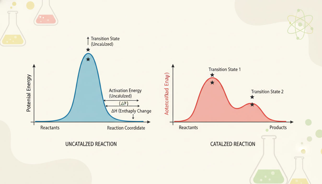 Photo Idea : A conceptual illustration of a catalyzed reaction energy diagram versus uncatalyzed, showing lower activation energy peaks and labelled transition states; clean, colorful graphic suitable for study guides.