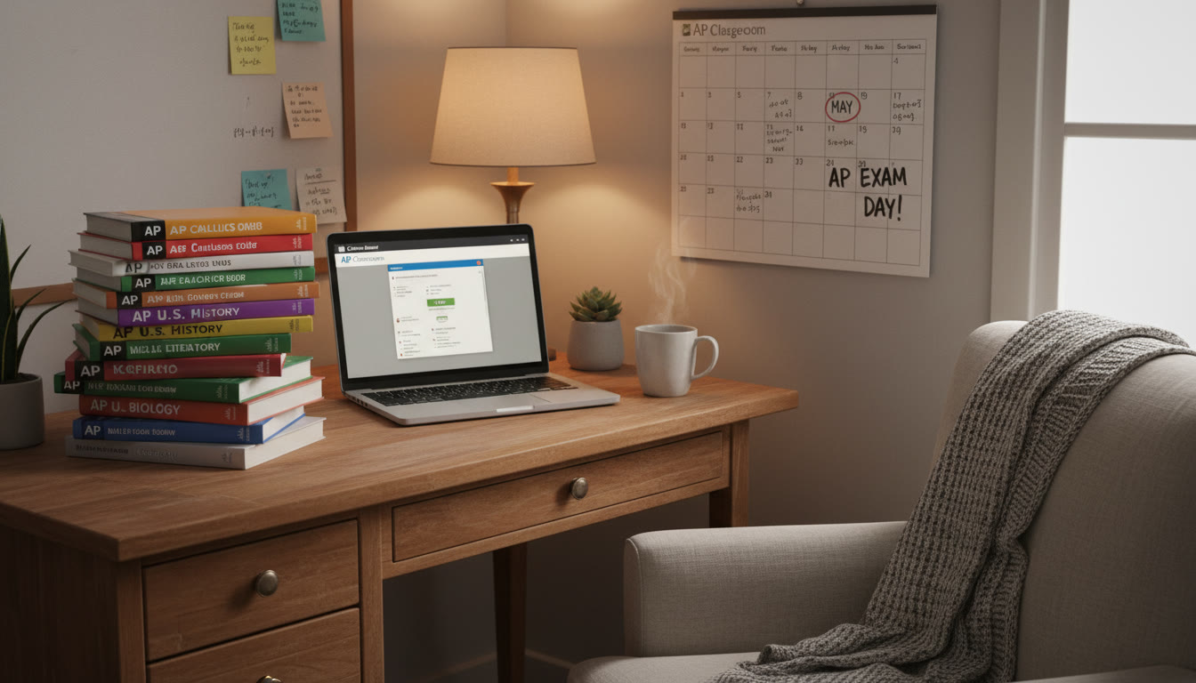Photo Idea : A cozy study corner with a stack of AP prep books, a laptop open to practice questions, and a calendar marking test day. Warm light suggests focused, stress-free preparation.