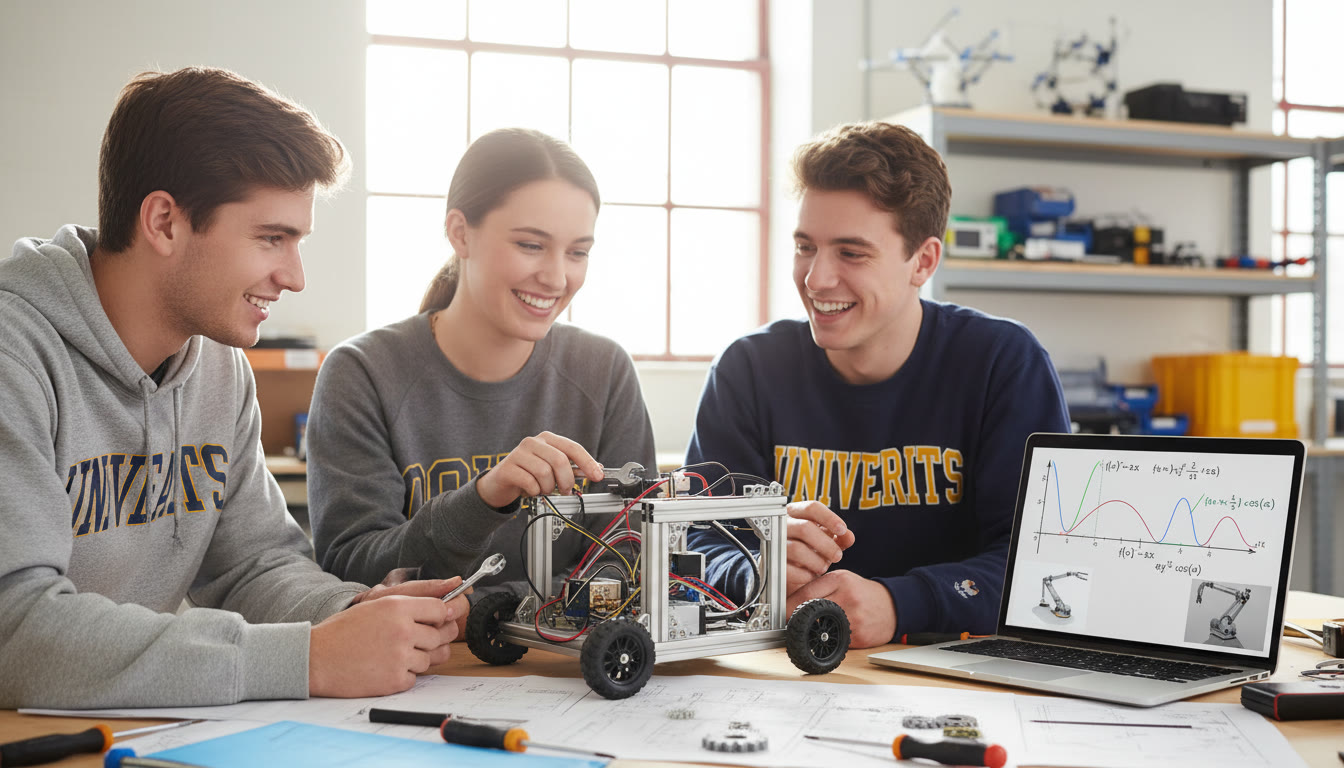 Photo Idea : An inspiring image of a small student team working on a compact engineering project (robotics or bridge model) with a laptop displaying calculus graphs — suggests application of AP Calculus to hands-on engineering.