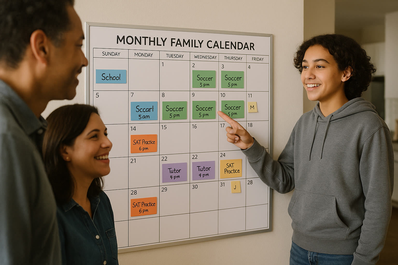 Photo Idea : A family calendar on a wall with color-coded blocks for school, SAT practice, sports, and tutoring sessions; a teen points to the week ahead.