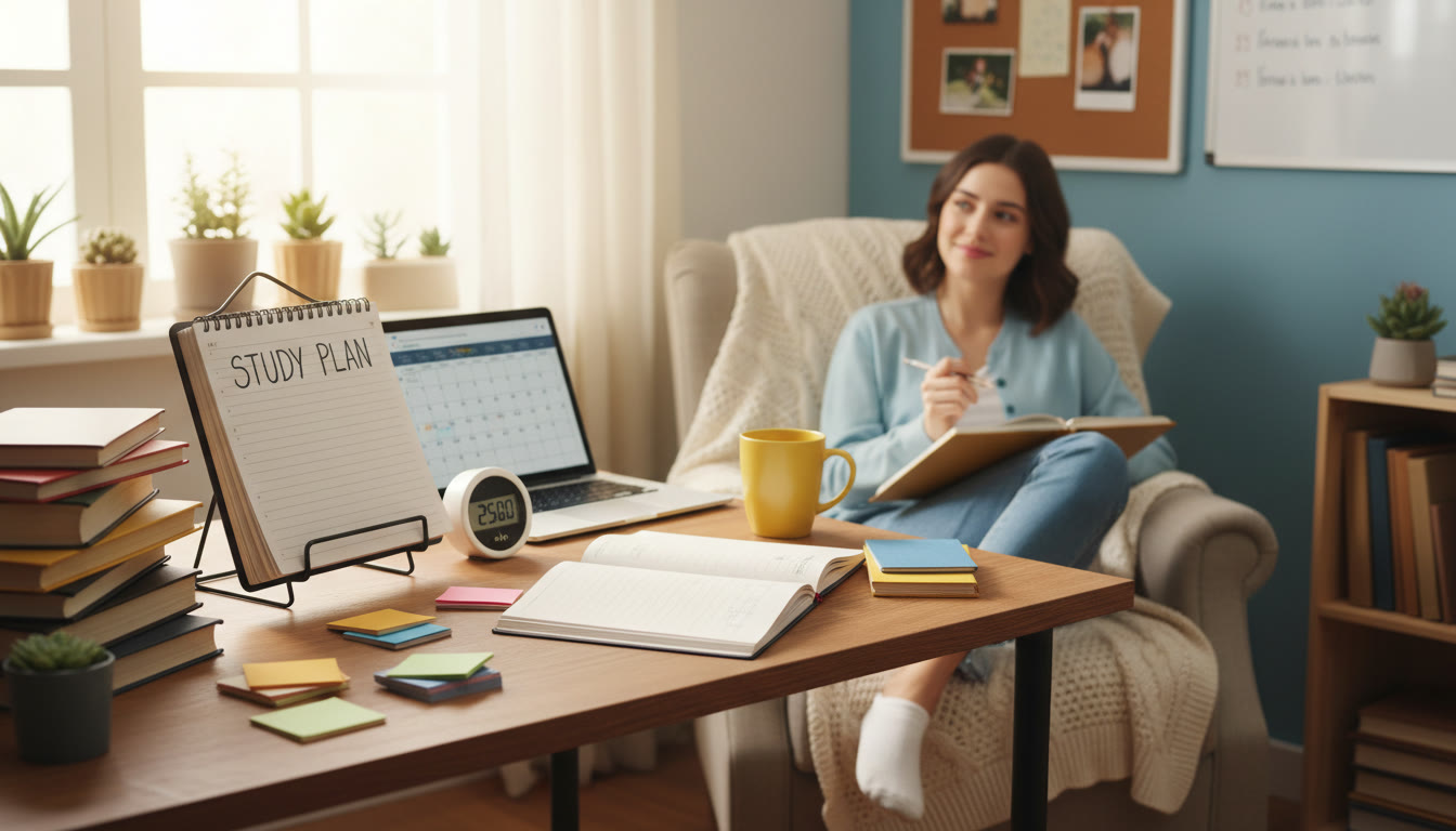 Photo Idea : A calm, inviting study nook with organized notes, a timer, and a notebook titled 