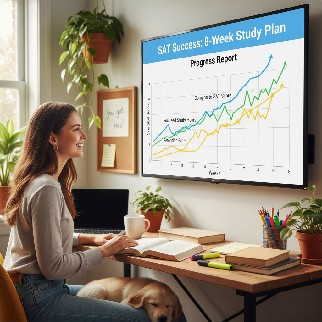 Line chart showing weekly composite SAT score, focused study hours, and retention rate across 8 weeks.