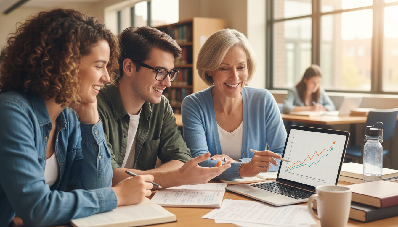 Photo Idea : A clean, well-lit image of two students and a tutor around a laptop, pointing at a graph and discussing notes—conveys collaboration, guidance, and active learning.