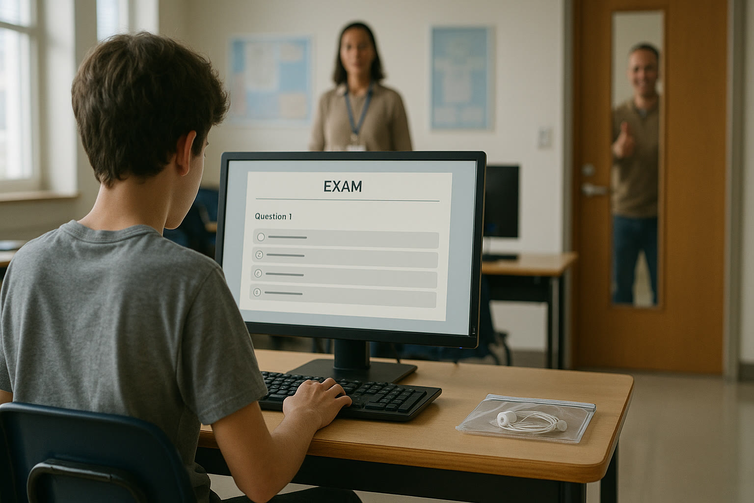 Photo Idea : A crisp image of a student sitting at a test computer with a proctor in the background, earbuds in a bag, and a parent offering a thumbs-up outside the testing room door.