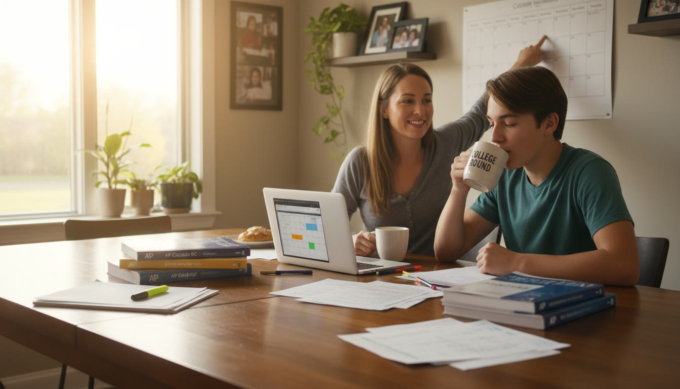 Photo Idea : A warm, candid photo of a parent and teen at a kitchen table planning a study schedule together—papers, a laptop, a relaxed posture, a coffee mug nearby.