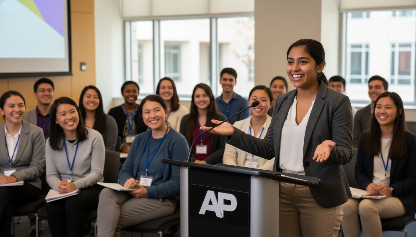 Photo Idea : A behind-the-podium scene showing a student in mid-gesture, confident posture, while a small audience listens—captures movement, eye contact, and presence.
