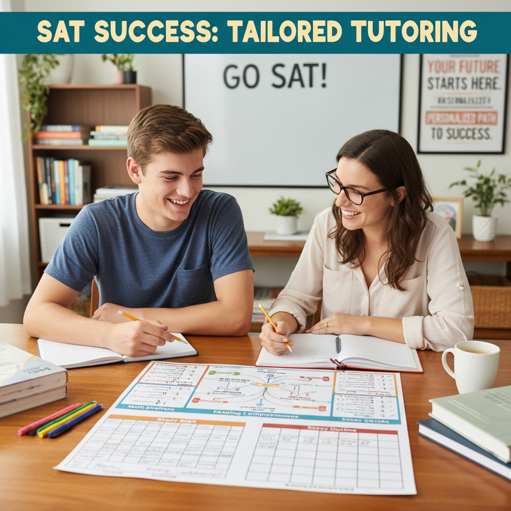 Suggestion: A simple illustration of a student working one-on-one with a tutor over a table of practice charts, symbolizing personalized tutoring and tailored study plans.