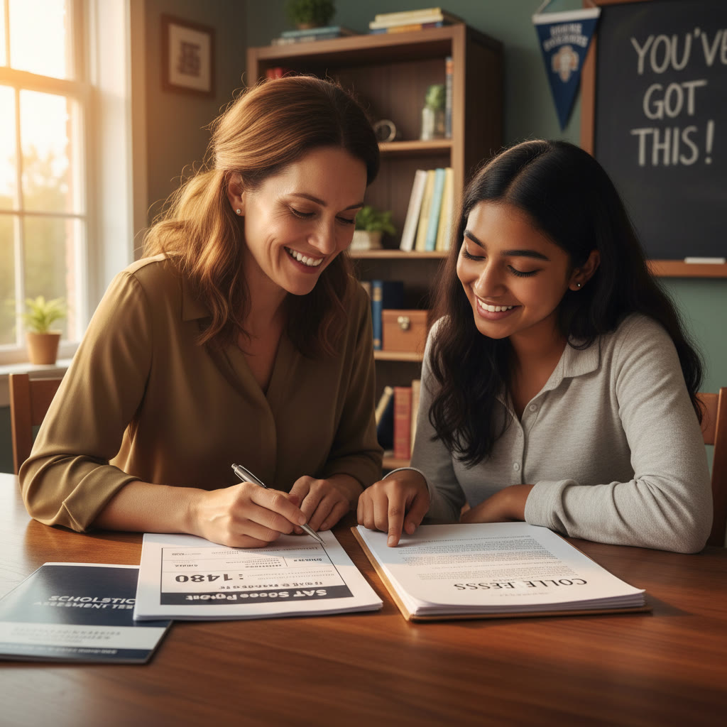 Photo Idea : A smiling college admissions counselor reviewing a student’s application packet with SAT scores and essays spread out—warm lighting, conveys collaboration and reassurance to parents and students.