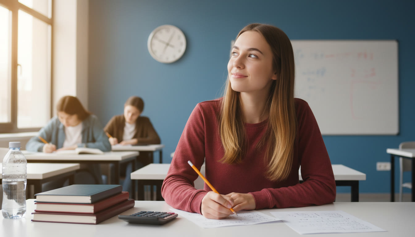 Photo Idea : A calm student sitting at a test desk, glancing up at a wall clock while taking notes on scratch paper. Soft natural light; the image should convey focus, not panic.