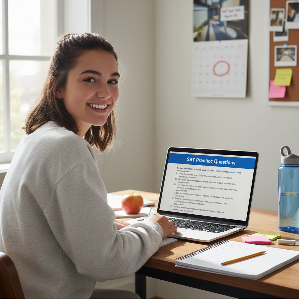 Photo Idea : A bright, candid photo of a high-schooler studying at a desk with a laptop displaying SAT practice questions; natural light, a calendar with test dates visible in the background.