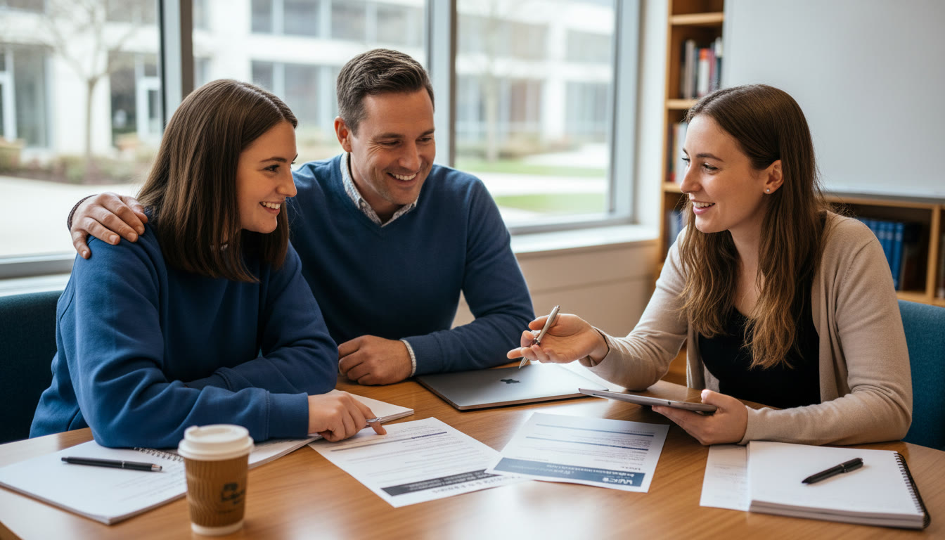 Photo Idea : A small group meeting between a student, a parent, and a Sparkl tutor around a table reviewing AP score reports and a UCAS offer letter—friendly, collaborative scene illustrating how tailored support helps interpret offers. Place this image near the closing practical advice section to reinforce the value of guided preparation.