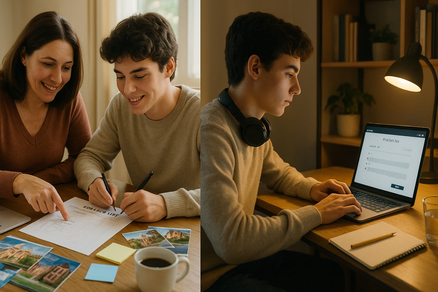 Photo Idea : A split-frame image—left side shows a parent and teen mapping a college list; right side shows the teen in a quiet study corner practicing digital SAT questions—illustrating balance between planning and practice.