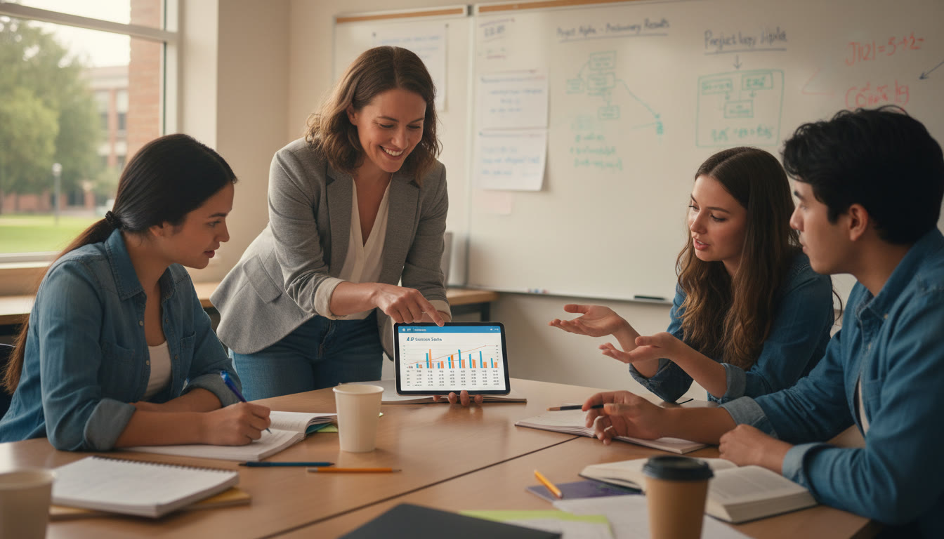 Photo Idea : A teacher and small group of students huddled around a workstation, analyzing data on a tablet and writing notes — captures collaboration, inquiry, and immediate data use.
