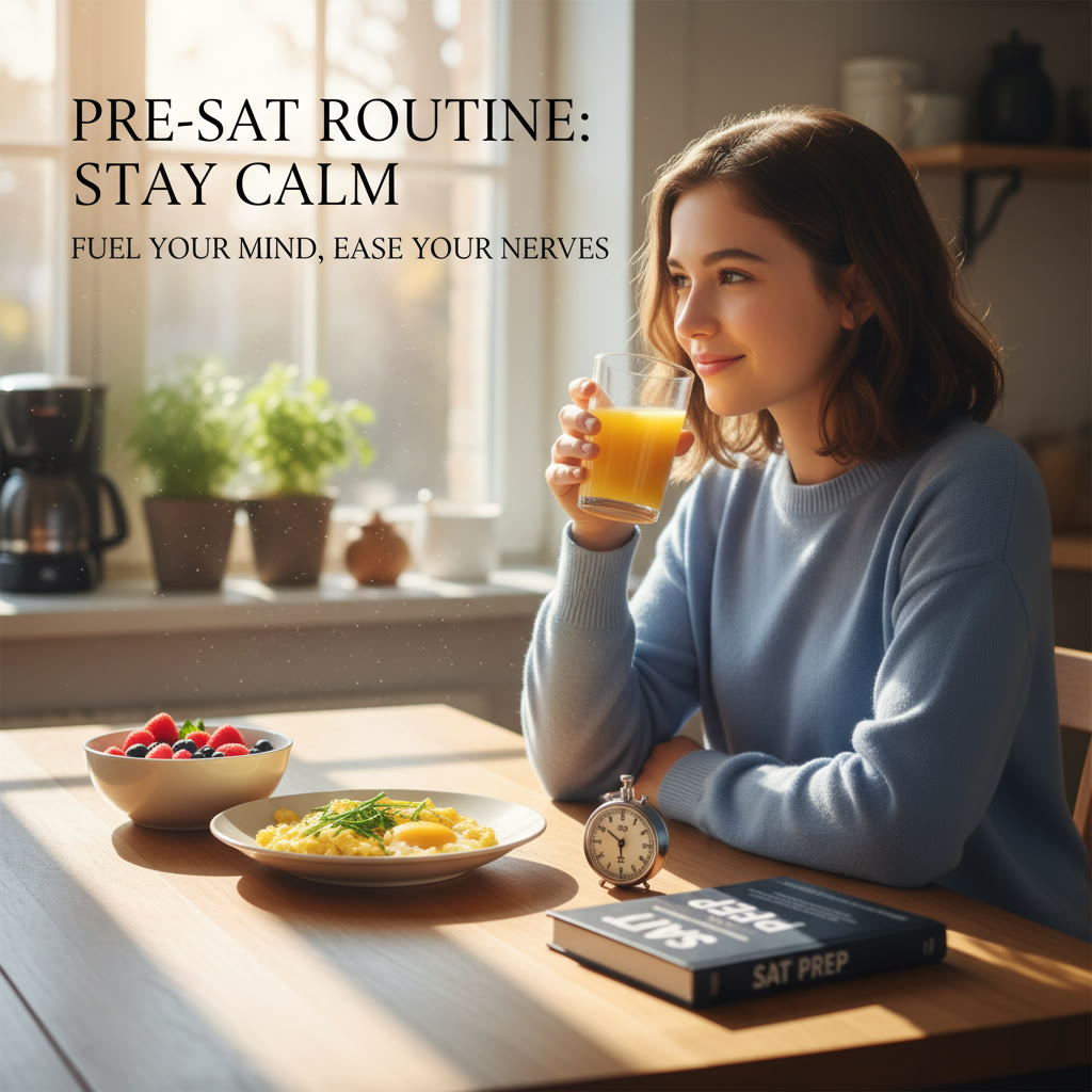 Suggestion: A calming pre-test scene: a student sitting at a kitchen table with a balanced breakfast, a closed practice book, and a small timer—natural morning light, relaxed posture.