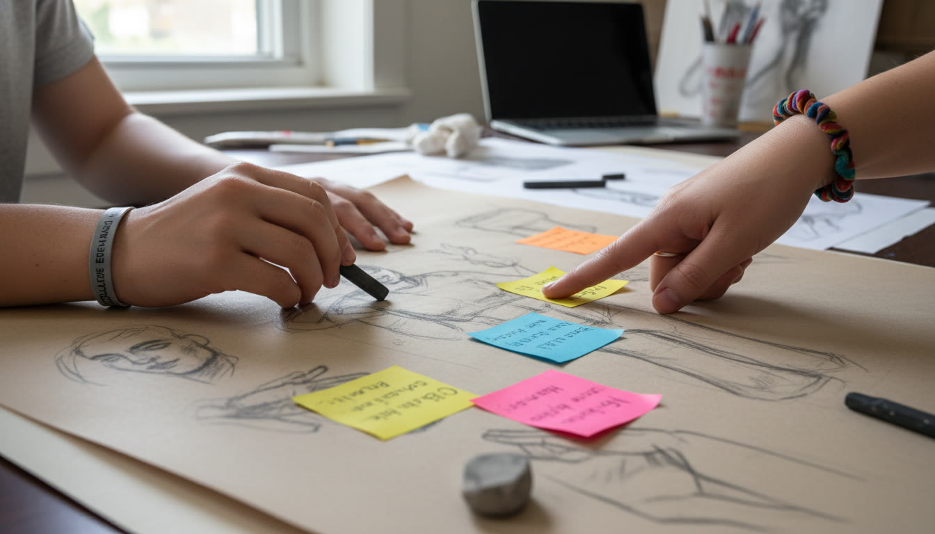 Photo Idea : Close-up of hands working on a 2D piece—one hand holds a charcoal stick while another points to a section; include sketches and sticky-note feedback visible in the frame.