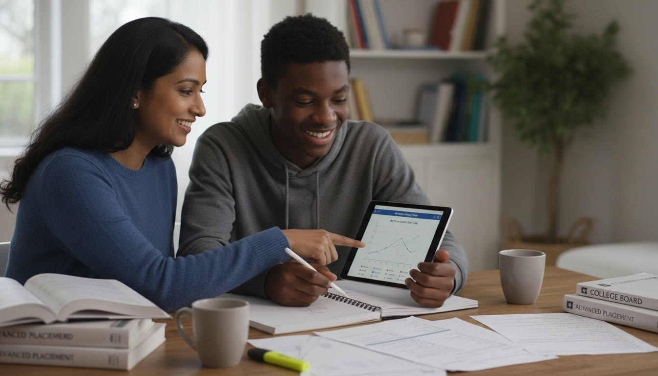 Photo Idea : A parent and teen reviewing a practice test together, pointing at a graph on a tablet while taking notes—captures collaboration, feedback, and practical study in action.