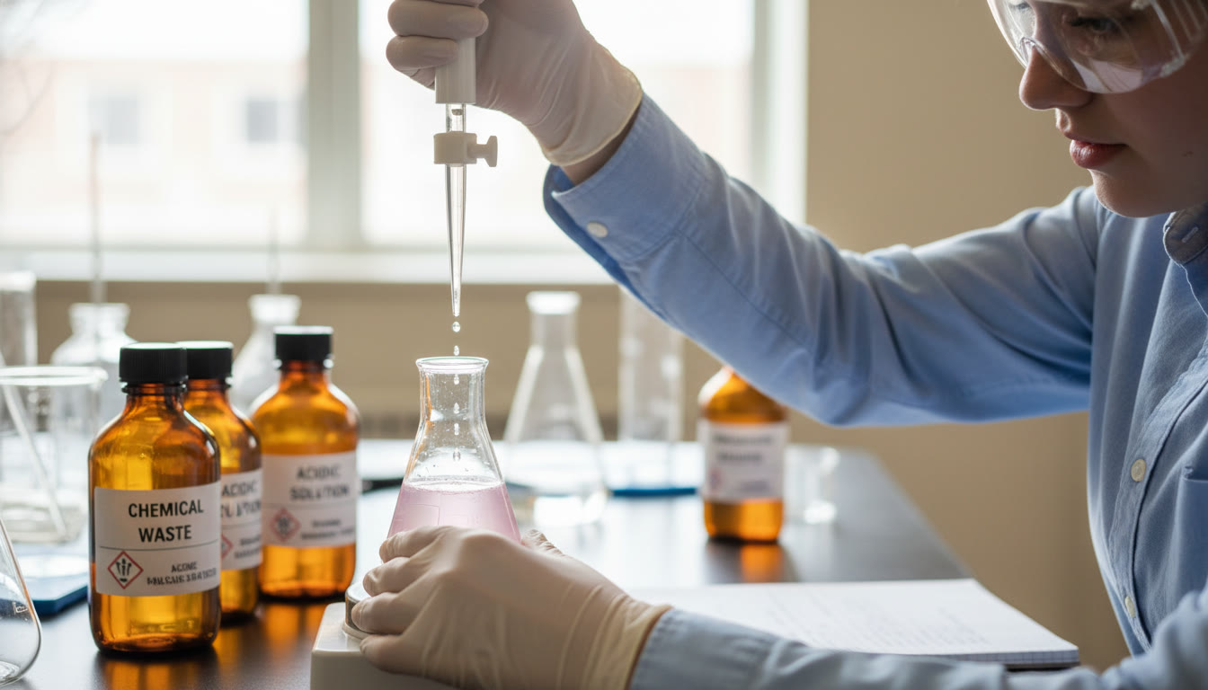 Photo Idea : A close-up of a student’s hands performing a titration with a burette and labeled waste bottles in the background—ideal for the section on technique and assessment, emphasizing careful measurement and documentation.