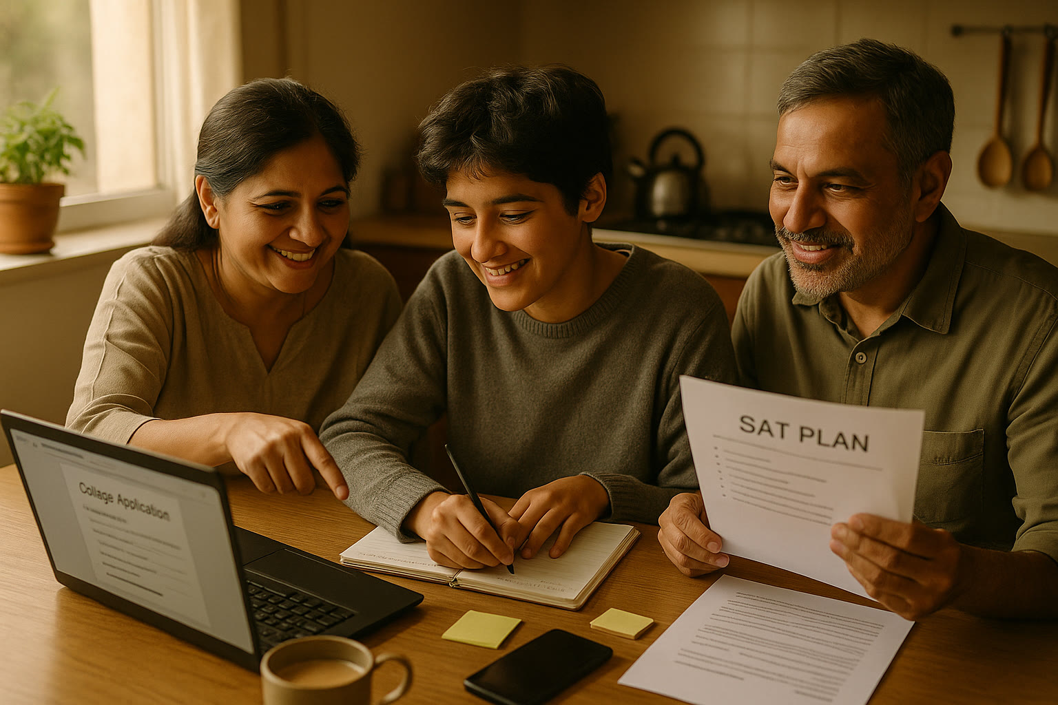 Photo Idea : A warm, candid photo of an Indian family at a kitchen table planning college applications on a laptop, with notebooks, a cup of chai, and a printout labeled 