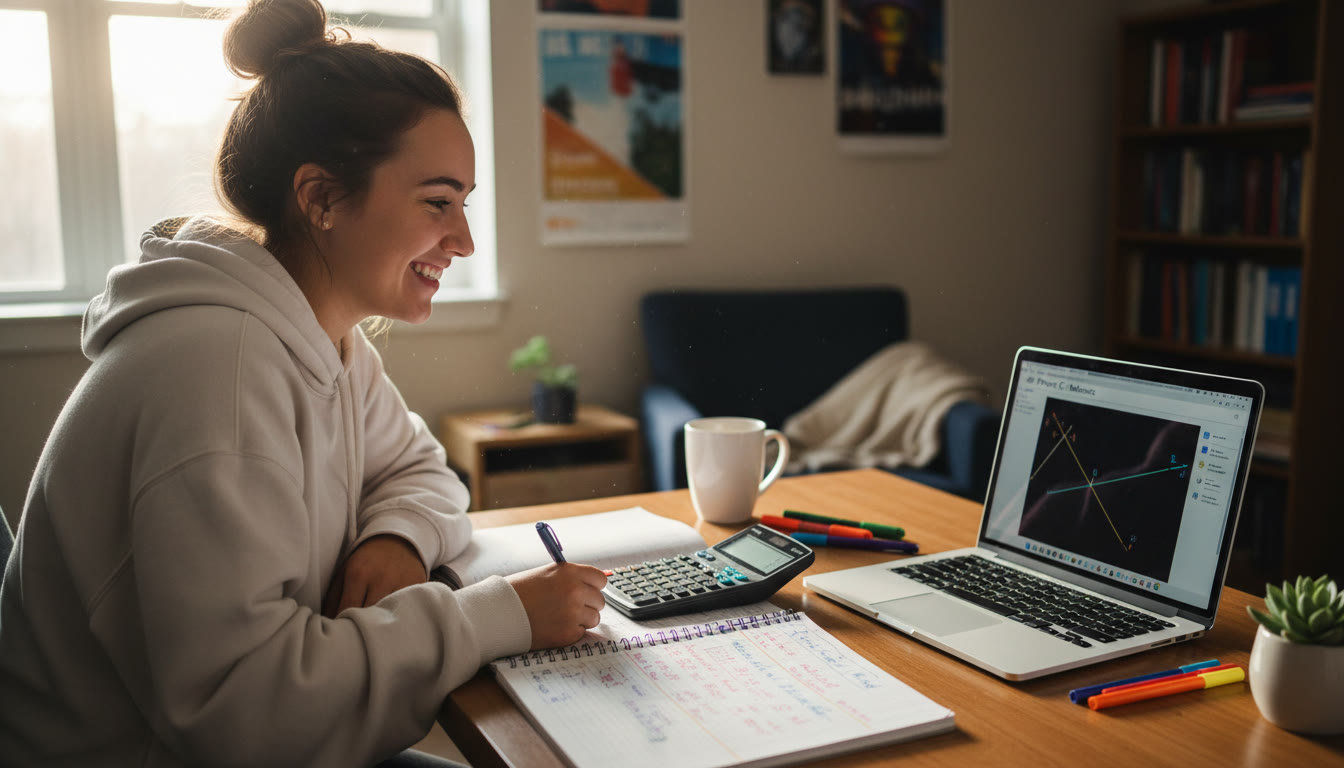 Photo Idea : A student at a desk with a graphing calculator open, annotated notebook, and a laptop displaying a physics simulation. Light and candid — a study-in-action moment.