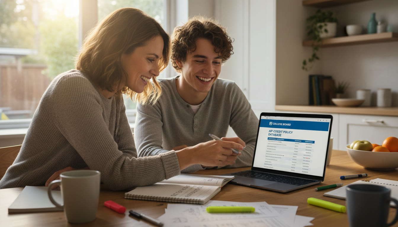 Photo Idea : A bright, candid photo of a parent and teen at the kitchen table looking at a college credit policy on a laptop together, smiling and taking notes.
