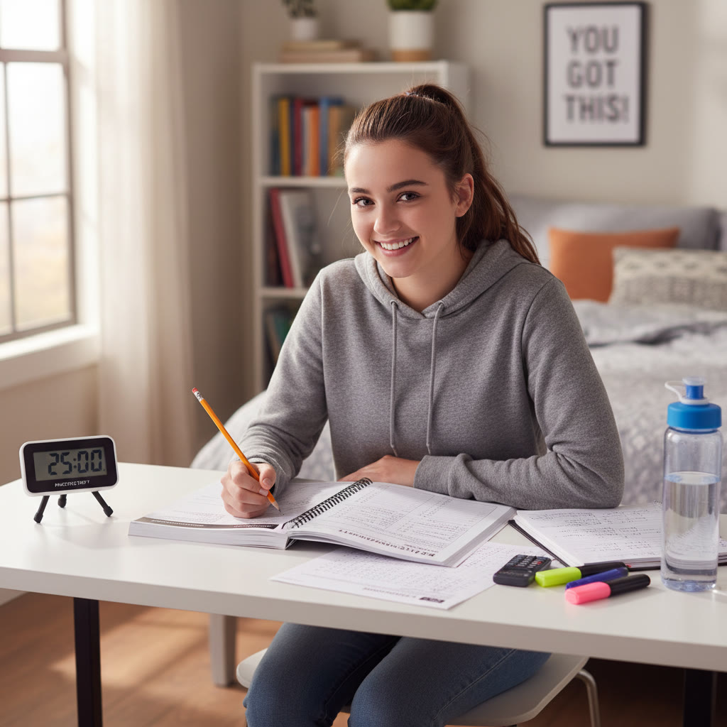 Photo idea: A student sitting at a tidy desk taking a timed practice test with a notebook open and a water bottle nearby, illustrating a realistic test environment.