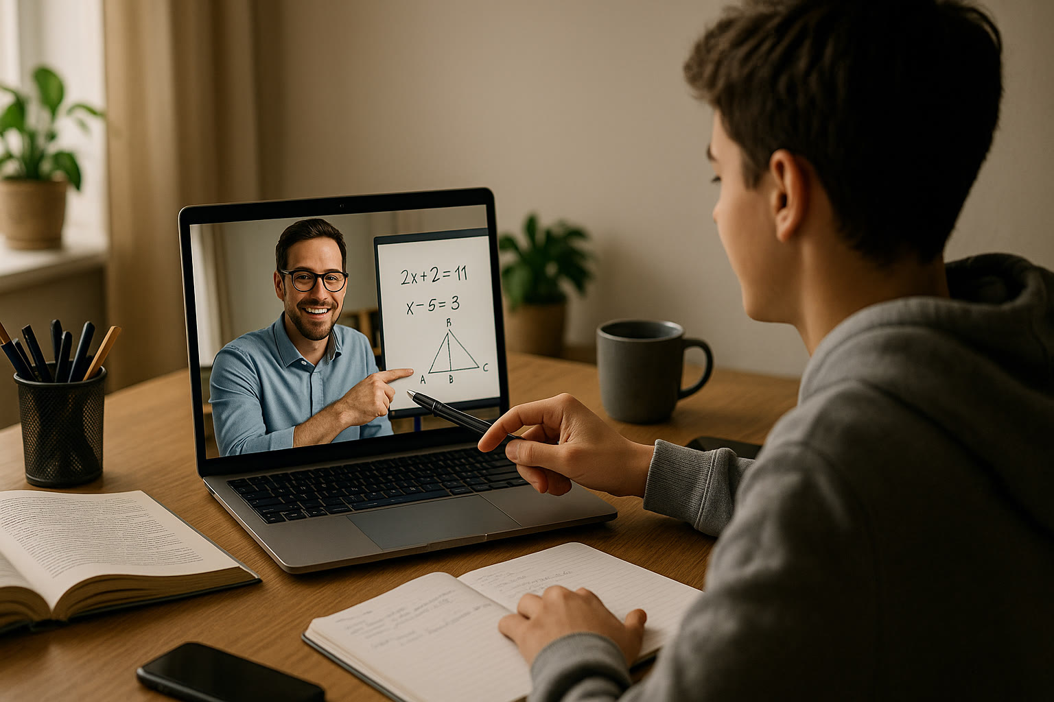 Photo Idea : A virtual tutoring session in progress—student on a laptop with a friendly tutor on screen, both pointing at practice problems.