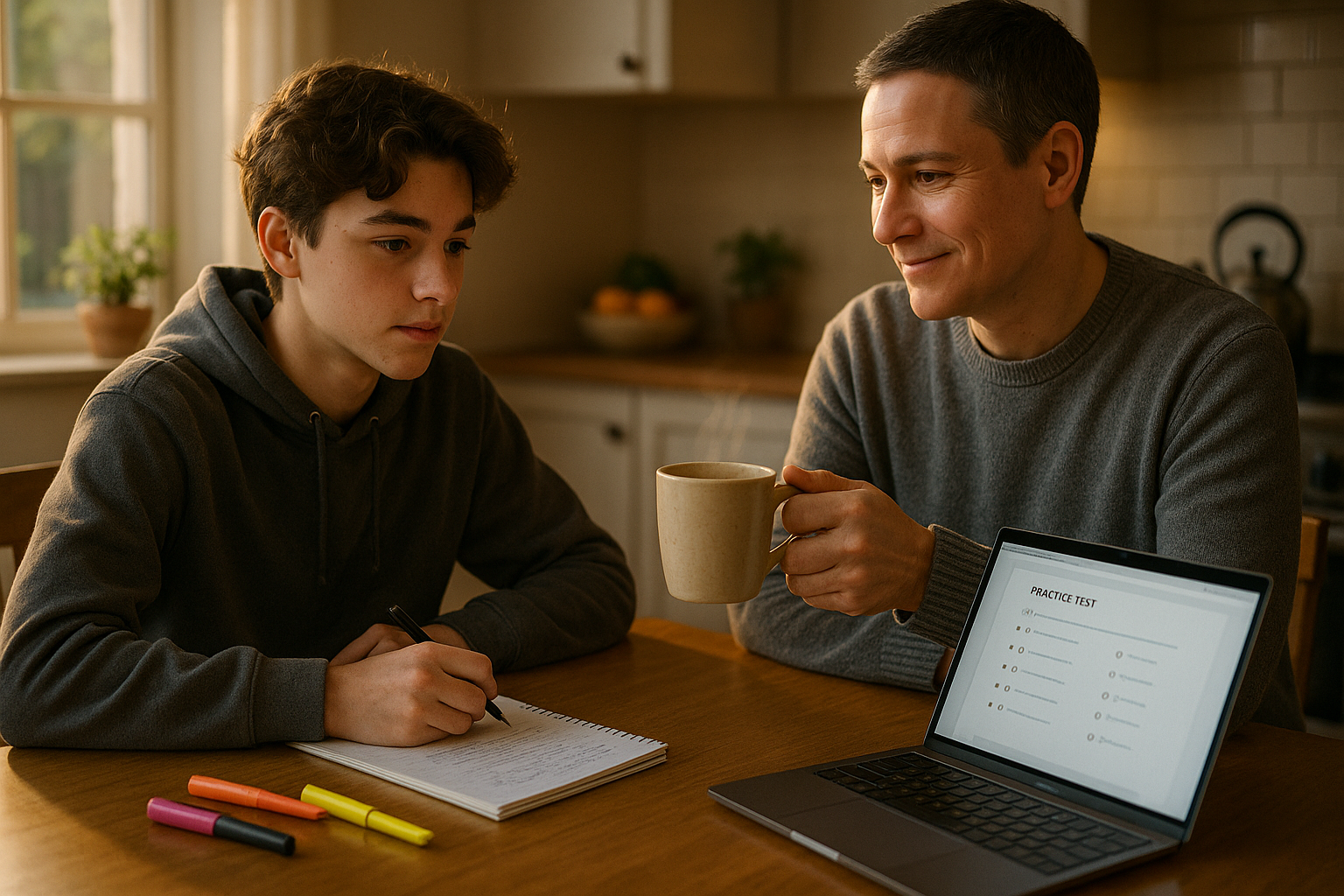 Photo Idea : A student at a cozy kitchen table with a laptop open to a practice test, a notebook, and a parent sitting across offering a coffee — warm, focused atmosphere.