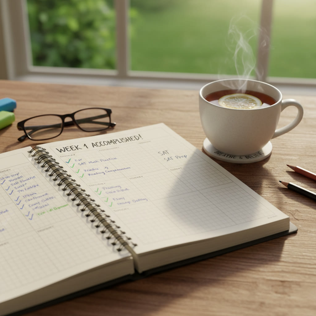 Close-up of a study planner with a checked-off weekly calendar and a cup of tea. Suggestion: emphasize a tangible planner and a sense of calm accomplishment.