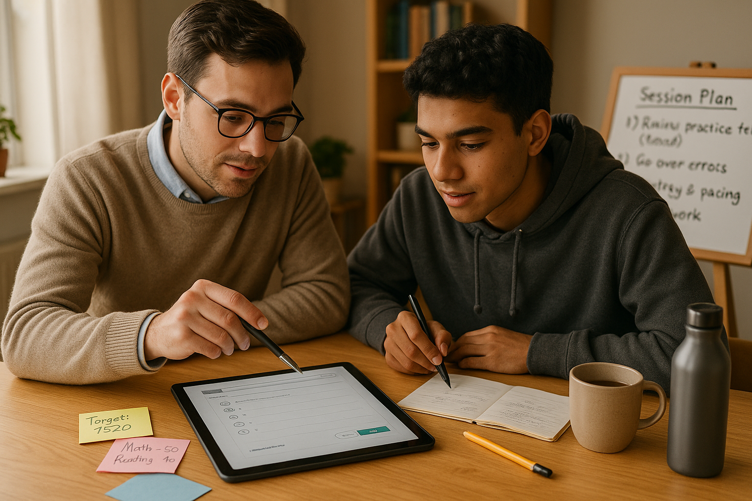Photo Idea : A tutor and student reviewing an SAT practice test on a tablet, with sticky notes showing target score goals and a small whiteboard listing session plans.