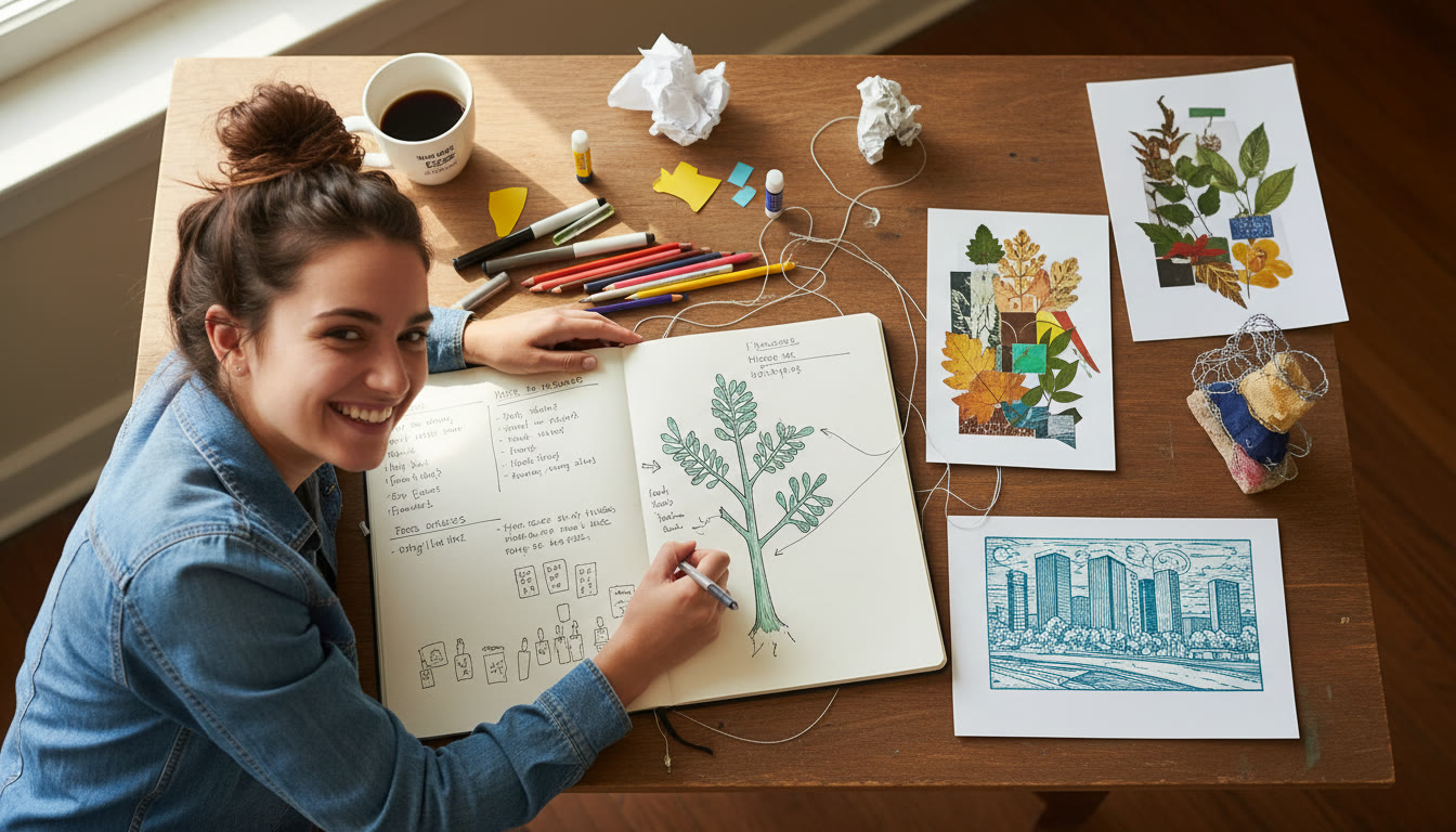 Photo Idea : Close-up overhead shot of a student annotating a sketchbook with process notes beside final works laid out on a table—illustrates the relationship between making, reflecting, and documentation.