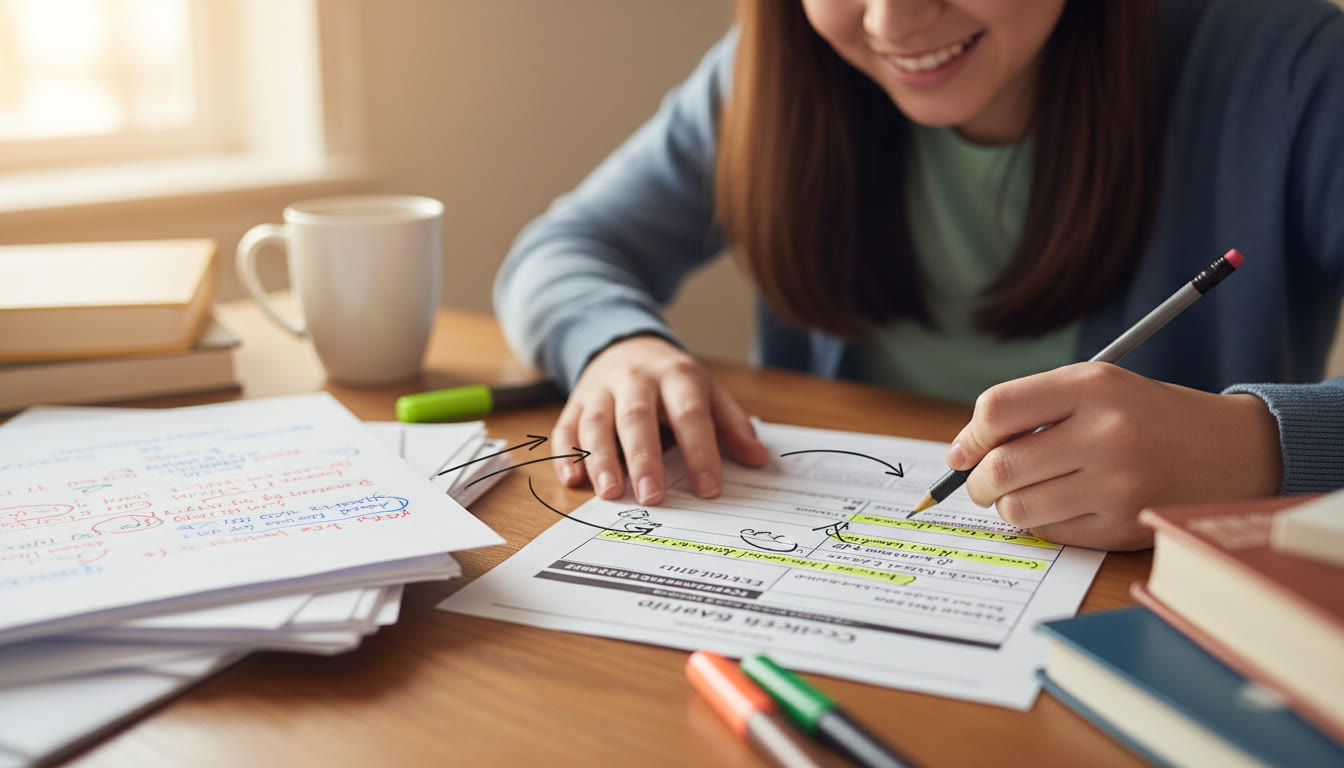 Photo Idea : Close-up of a student writing in a template with highlighted rubric points next to annotated past FRQ sample responses; shows active comparison and revision.