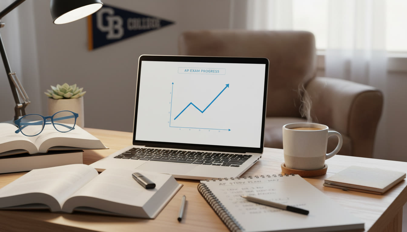Photo Idea : A student desk with a laptop showing a simple line chart, a notepad with a study schedule, and a cup of coffee — warm, focused atmosphere that conveys thoughtful, measured study time.