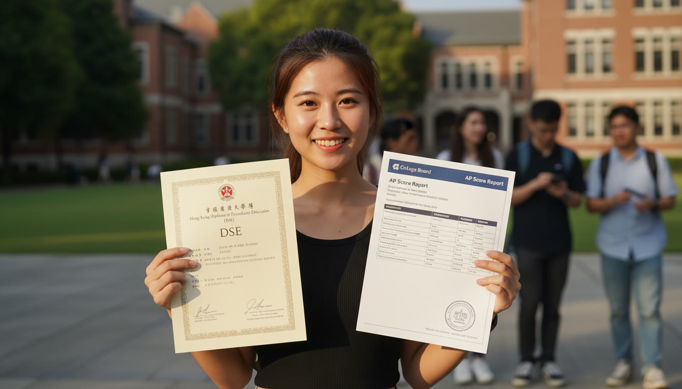 Photo Idea : A proud student holding a DSE certificate and an AP score report in a campus setting — communicates achievement and dual pathways.