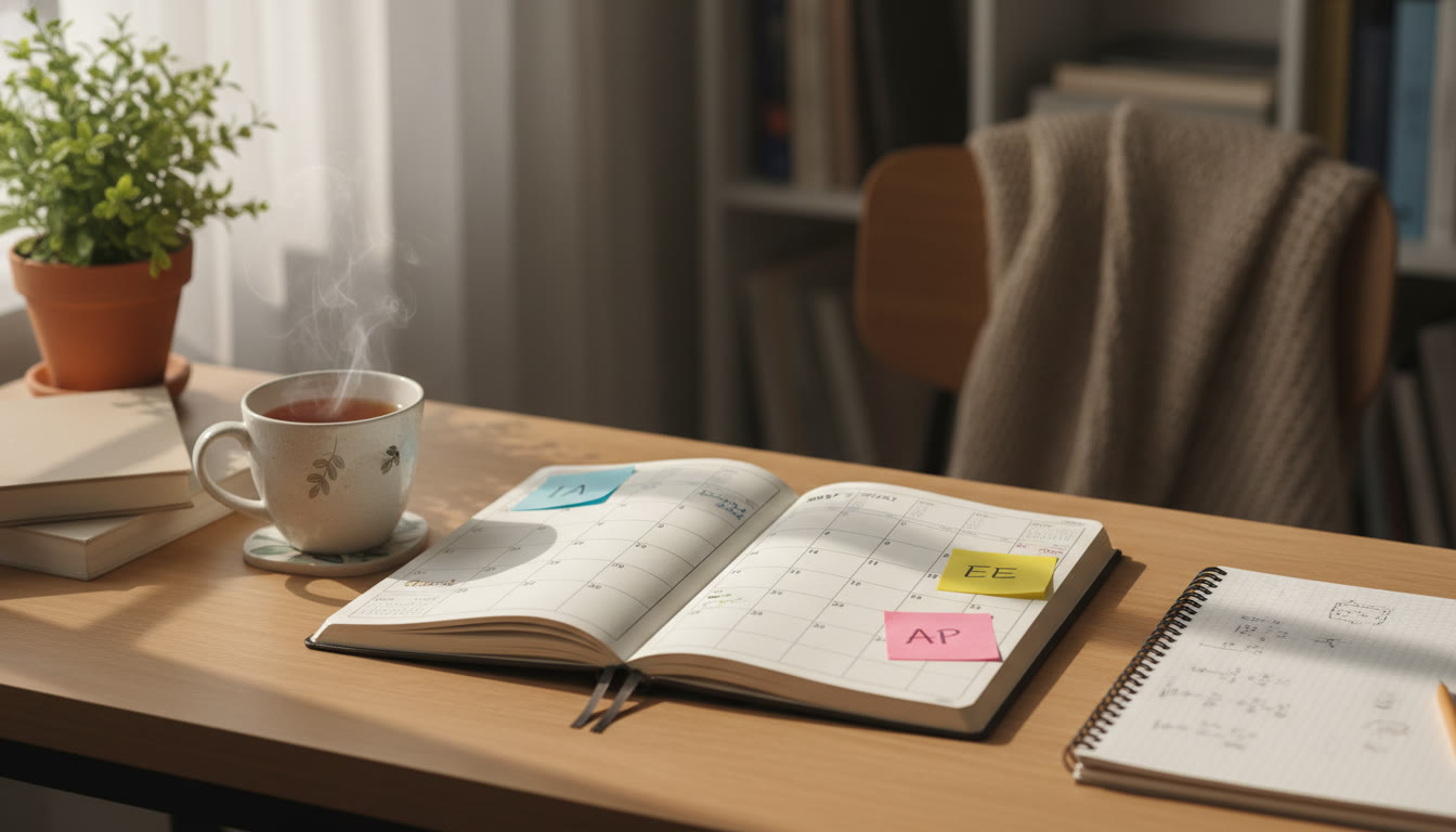 Photo Idea : A warm, natural photo of a student’s desk with an open planner showing a monthly calendar, sticky notes titled 