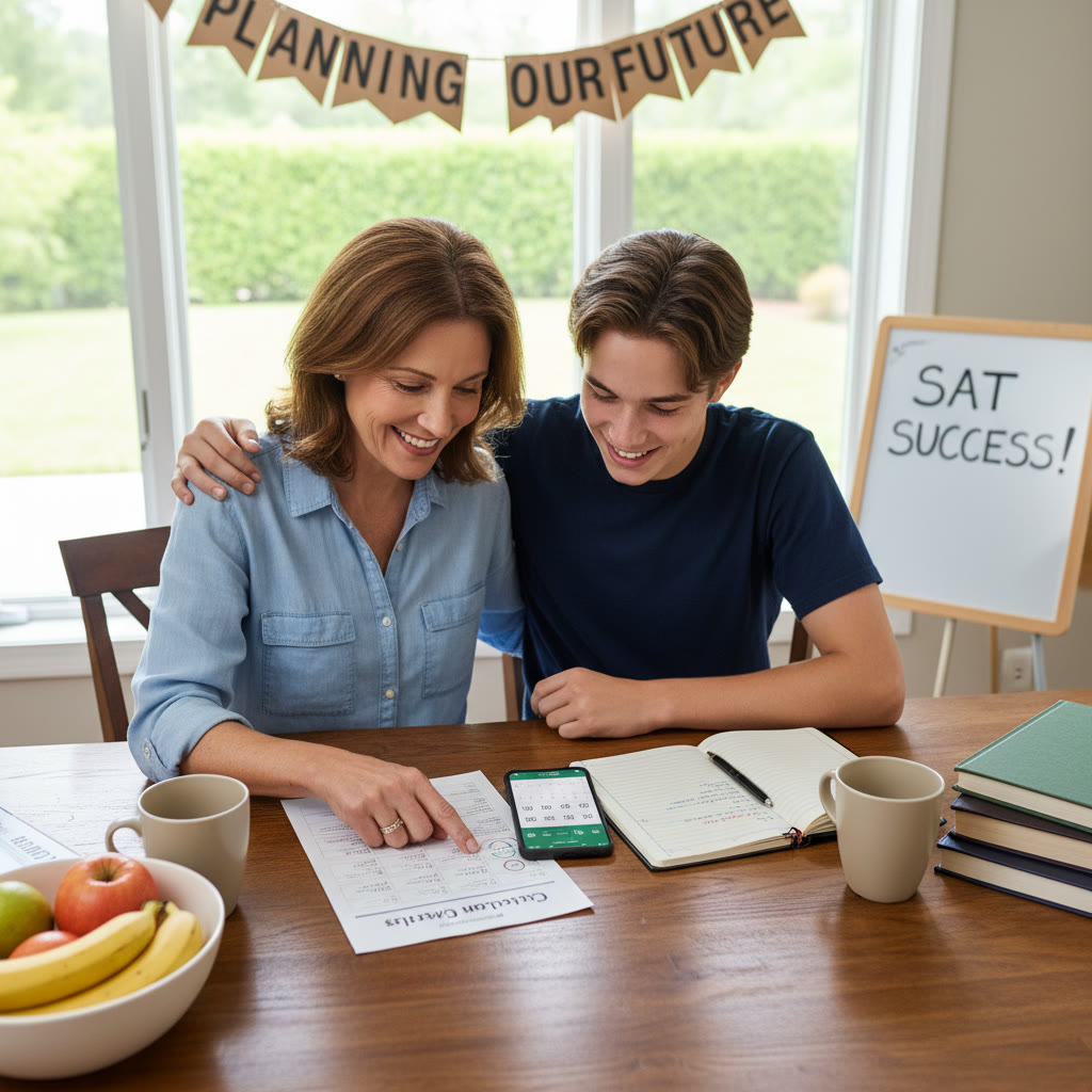 Photo Idea : A parent and student sitting together at a kitchen table reviewing a college application checklist, phone with calendar app open showing test dates — suggests collaborative planning.