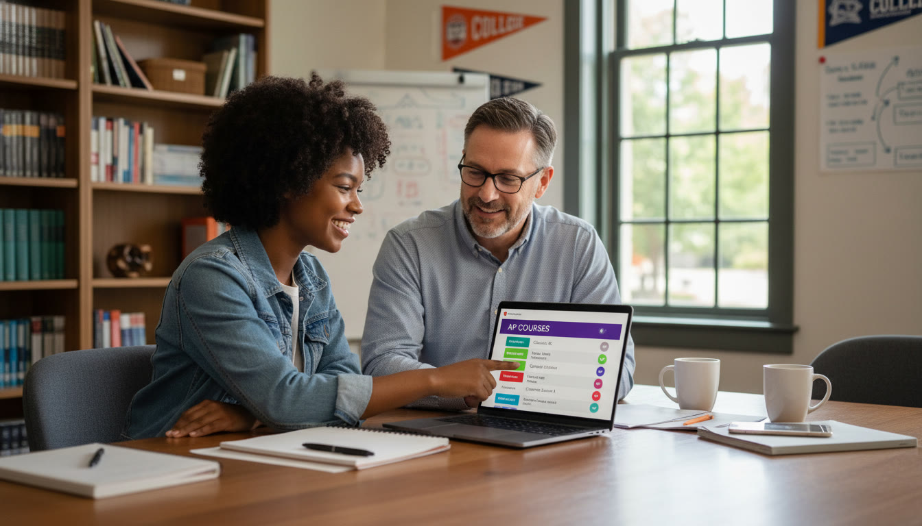 Photo Idea : A friendly scene of a student meeting with a college advisor or tutor, pointing at a laptop screen showing a course catalog — communicates collaboration and forward planning.