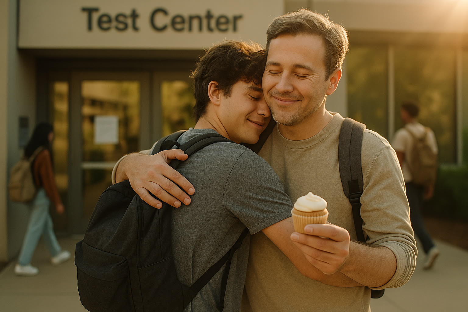 Photo Idea : A relaxed scene after the test—a parent hugging their teen outside the test center with a small celebratory snack in hand, conveying relief and support.