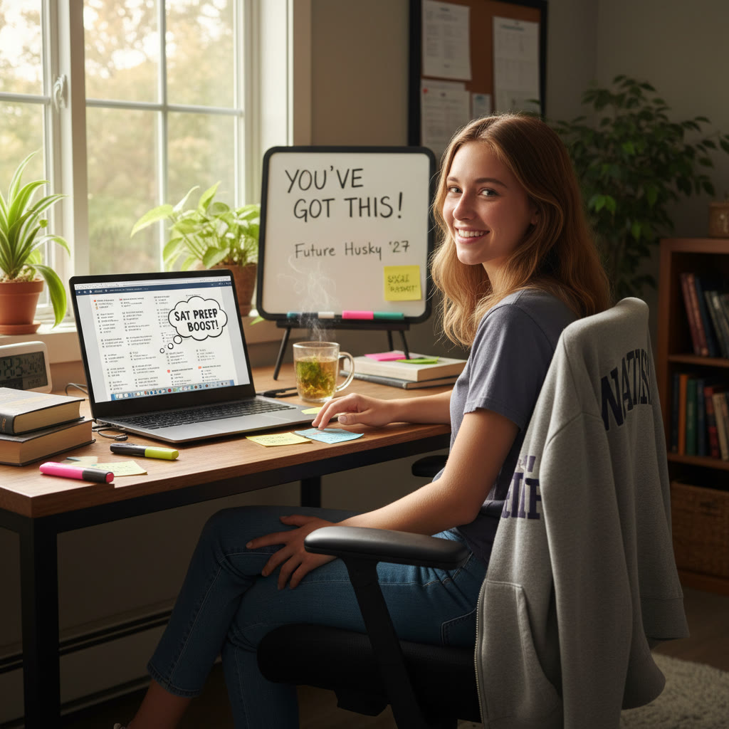 Photo Idea : A relaxed study scene — a high school student sitting at a desk with a laptop open to a practice SAT test, post-it notes, and a University of Washington hoodie draped over the chair. Natural light, real-world study vibe.