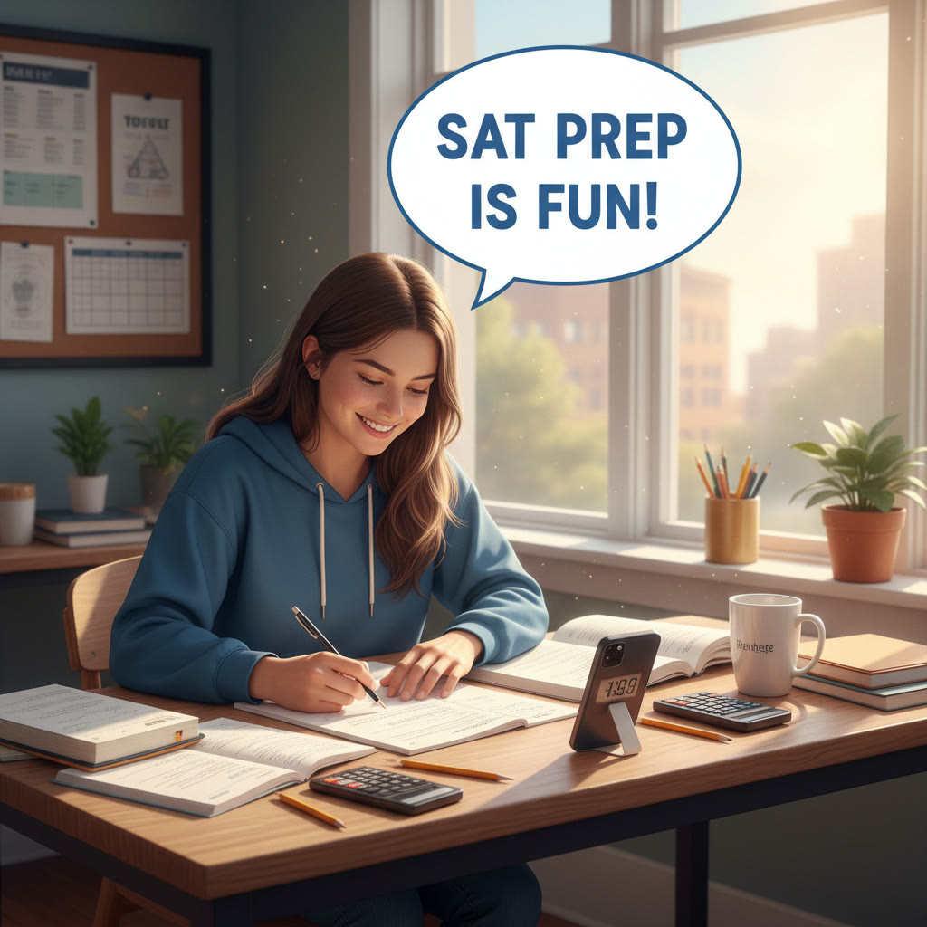 Student at a desk taking a timed practice test, natural light, notes and calculator on table