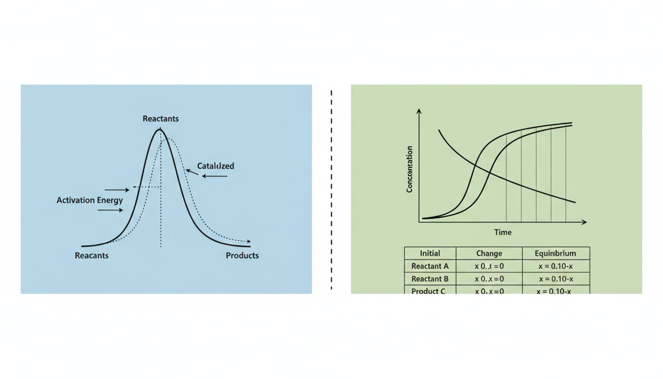 Photo Idea : A clear diagram-style image showing a two-panel graphic: left panel labeled Kinetic Pathway with energy profile curves and activation energy highlighted; right panel labeled Equilibrium with concentrations on axes and an ICE table snippet — useful for comparing rates vs equilibrium visually.