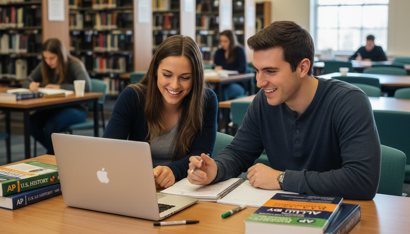 Photo Idea : A quiet study scene: a student working one-on-one with a tutor over a laptop and paper, AP textbooks open โ suggests focused, personalized preparation that leads to real results.