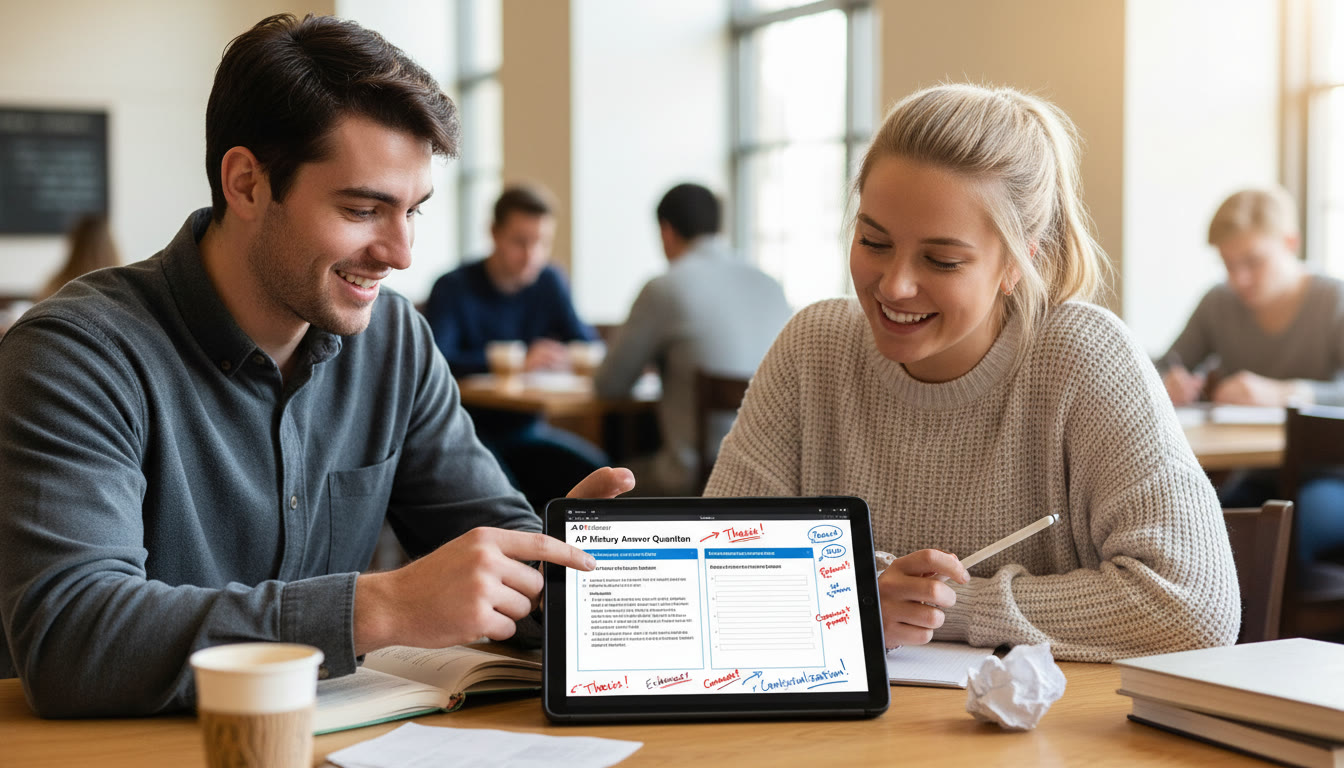 Photo Idea : A tutor and student reviewing SAQ answers together on a tablet, with annotated templates visible — candid, collaborative session highlighting personalized feedback.