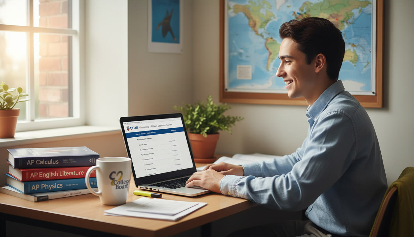 Photo Idea : A bright study scene of a student at a desk, with AP textbooks and a laptop open to UCAS application pages, conveying focus and international ambition.