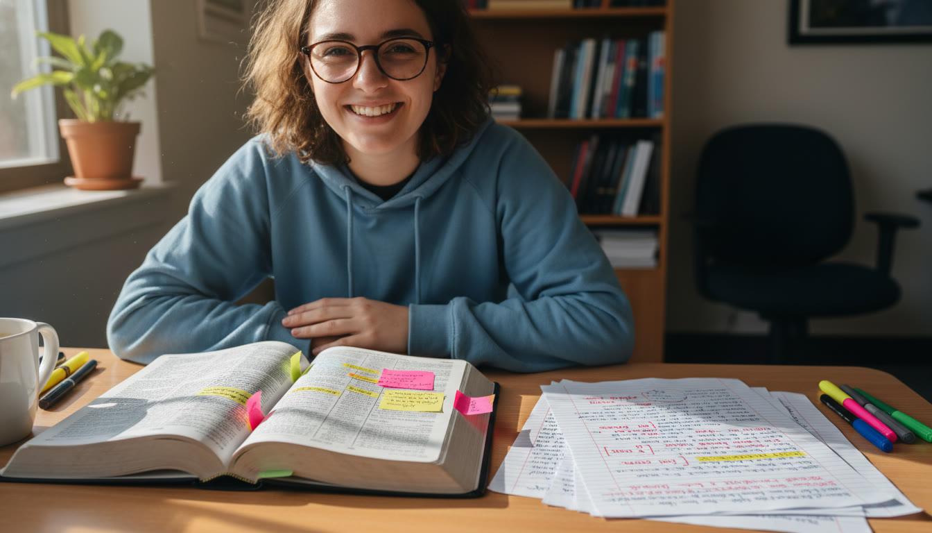 Photo Idea : A student at a desk with a bilingual dictionary open and annotated AP practice essay pages, highlighting common errors like misplaced articles and missing subjects.