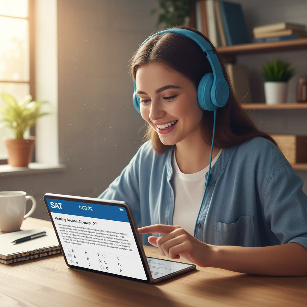 Photo Idea : A student using a tablet to take a timed digital practice SAT test with a pair of headphones and a notebook nearby—focus on the interaction with the device, screen glow on the student’s face.