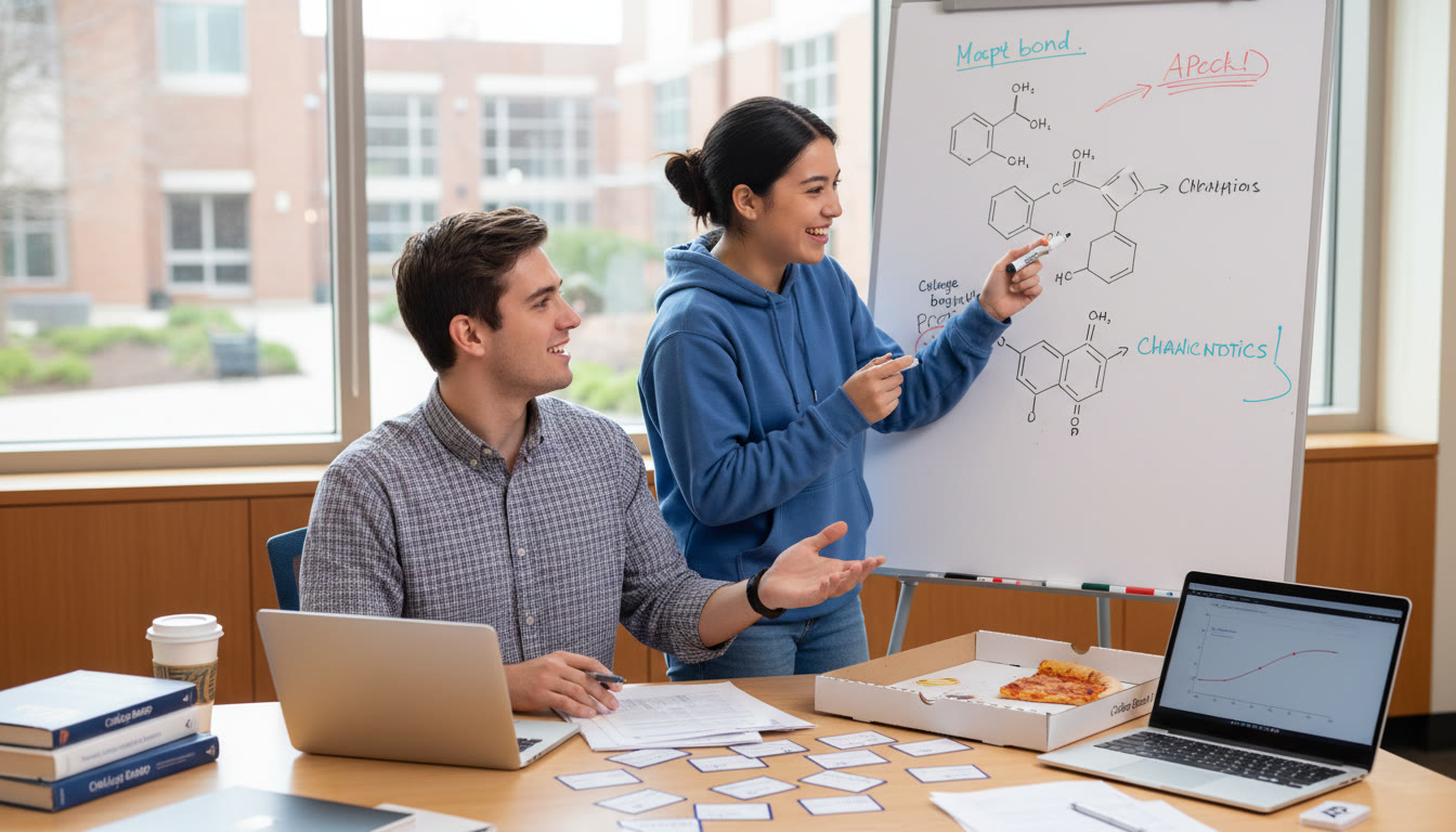 Photo Idea : A student and tutor discussing a concept over a whiteboard with flashcards and a laptop—suggests collaborative, personalized tutoring and active problem-solving.